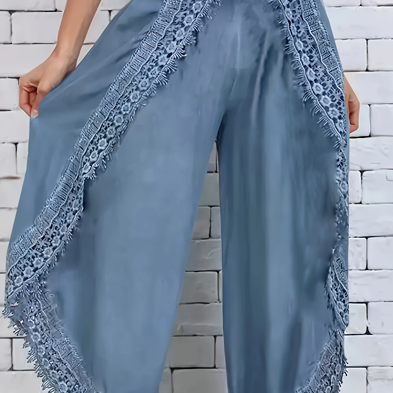 

Solid Color Contrast Lace Pants, Casual Elastic Loose Pants For Every Day, Women's Clothing