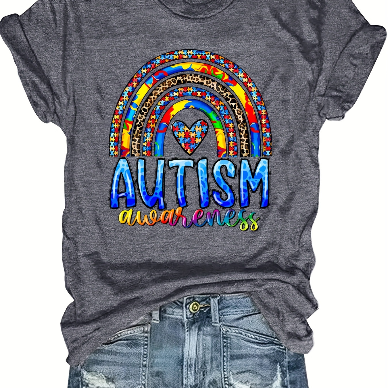 

Plus Size Autism & Rainbow Print T-shirt, Casual Short Sleeve Crew Neck Top For Spring & Summer, Women's Plus Size Clothing
