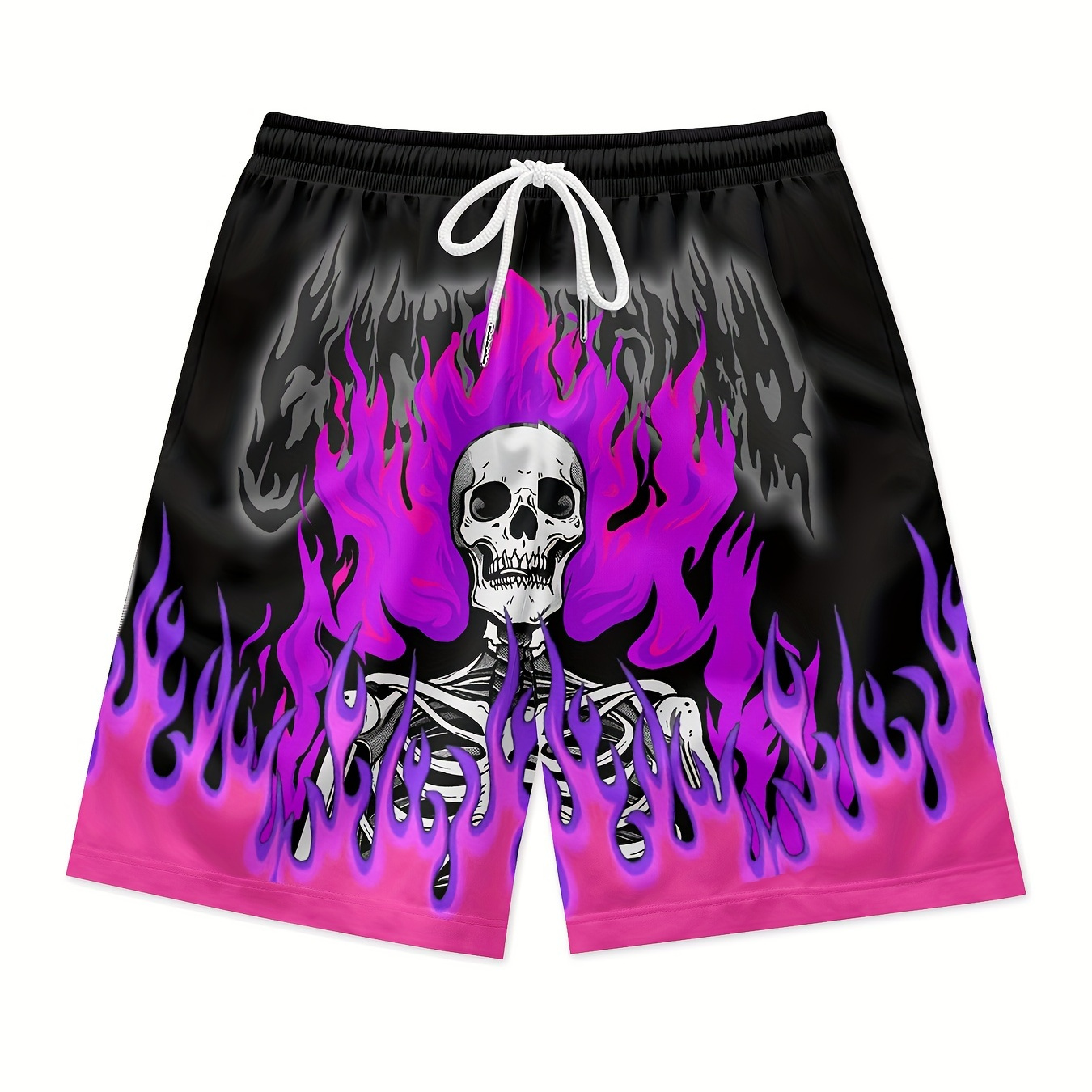 

Purple Flame Skeleton Man Print Men's Black Waist Shorts Quick Dry Breathable Polyester Shorts Daily Streetwear Vacation Shorts Clothing Bottoms