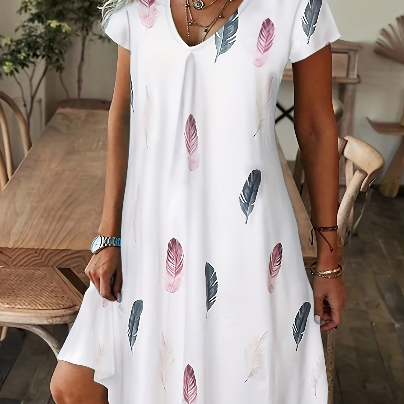 

Feather Print V-neck Dress, Casual A-line Short Sleeve Dress For Spring & Summer, Women's Clothing