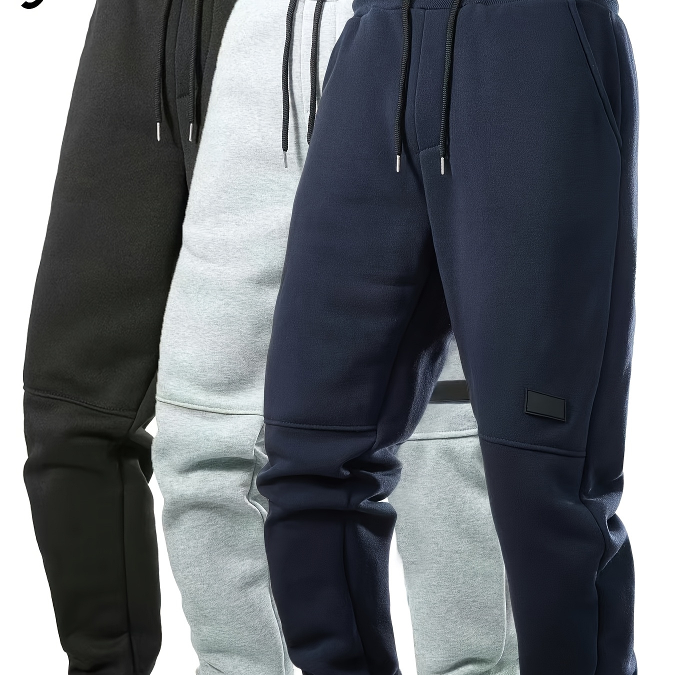 

3pcs Men's Casual Athletic Joggers - , & Warm Polyester Sweatpants With Drawstring Waist, Machine Washable - Black, Dark Gray, Navy Blue