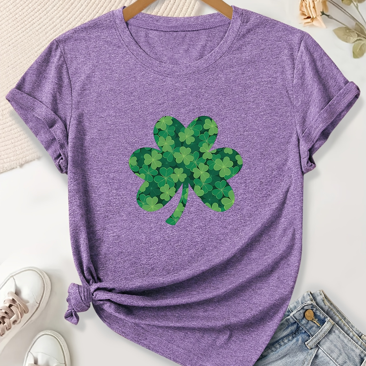 

Women's 's Day Clover Print T-shirt - Soft, Stretchy Fabric With Round Neck & Short Sleeves -