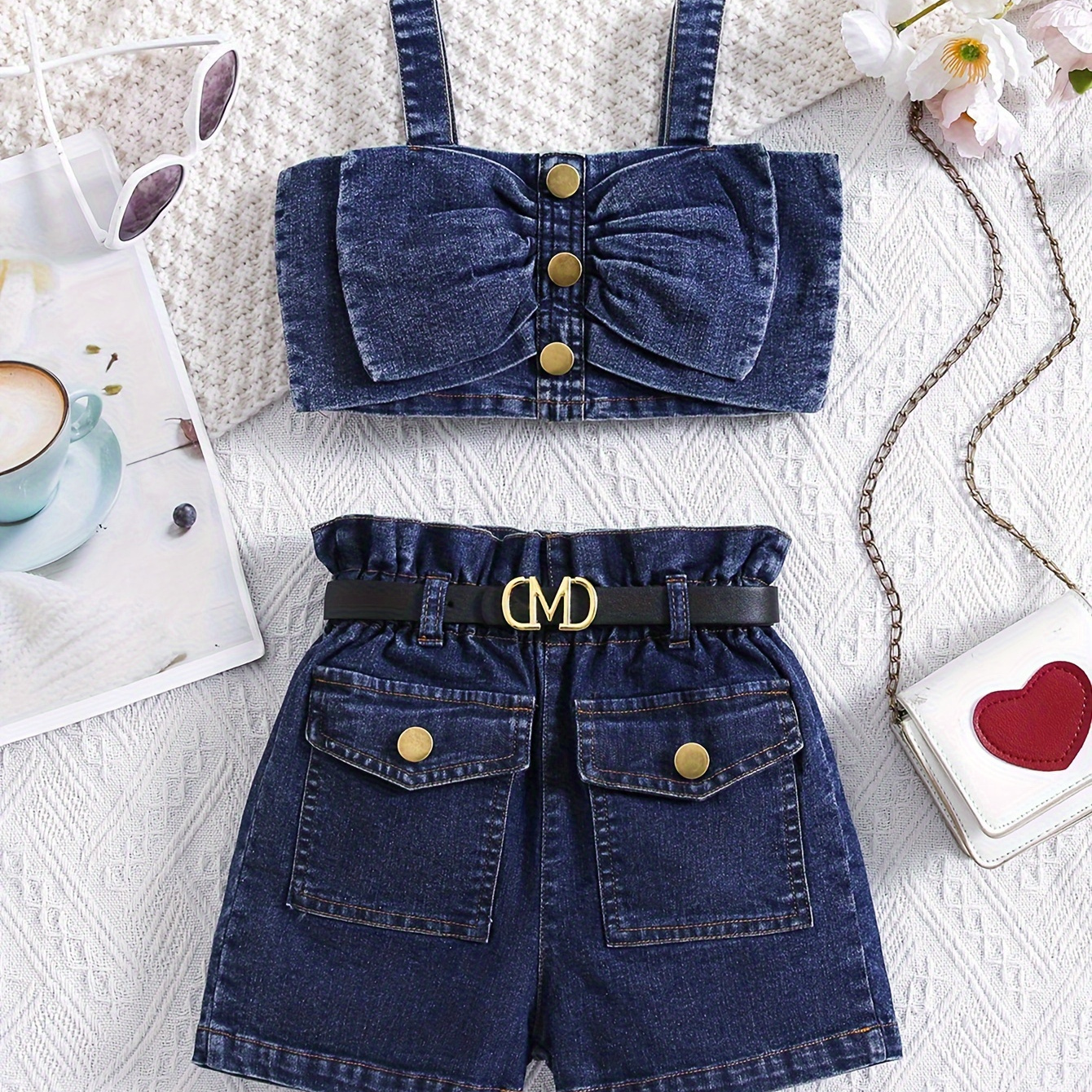 

Girls Trendy Denim Set Bow Decor Suspender Top + Ruffle High-rise Jean Shorts & Belt Casual 2pcs Summer Outfit