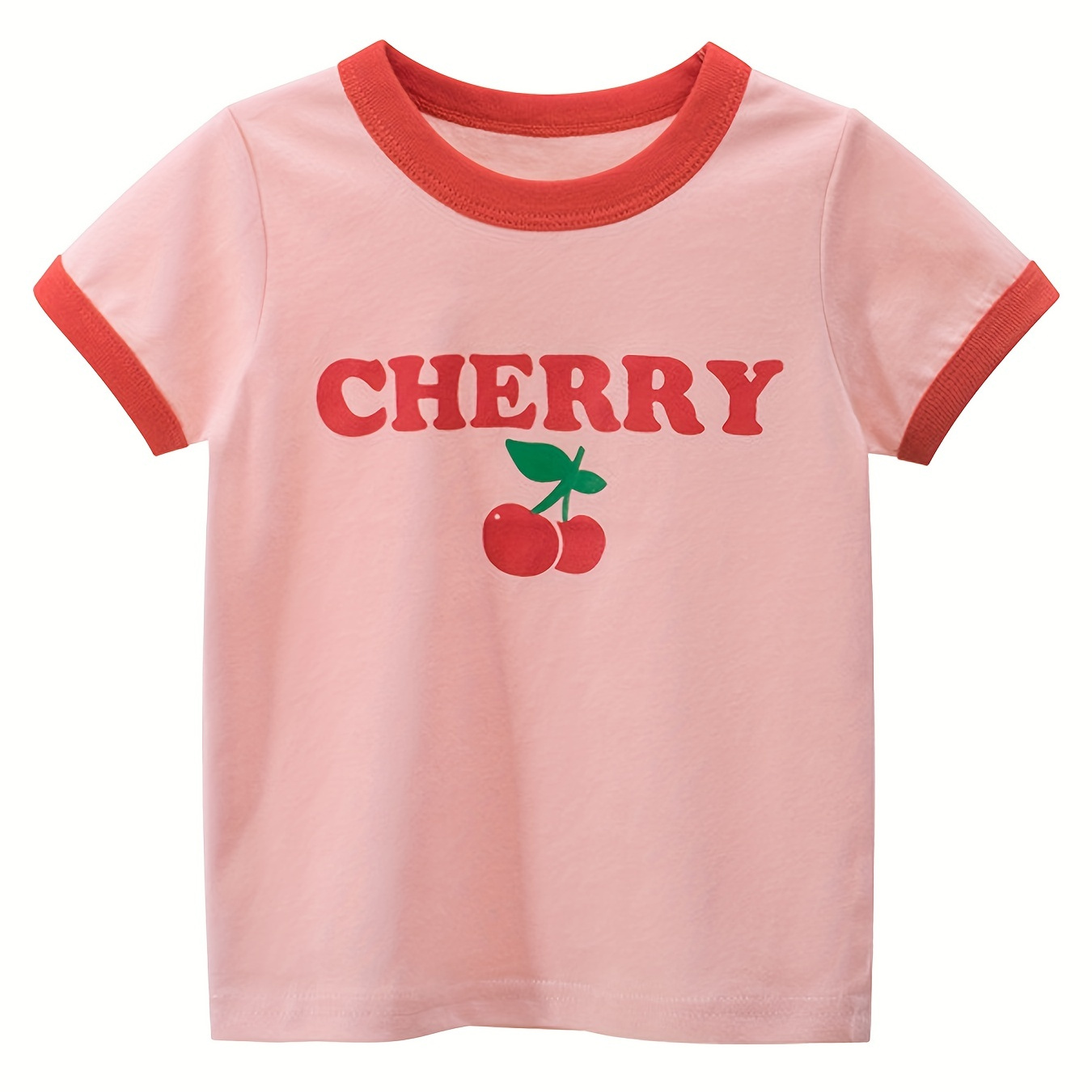 

Toddler Girls Cherry Graphic Contrast Binding T-shirt Cotton Casual Round Neck Tees Top Kids Summer Clothes