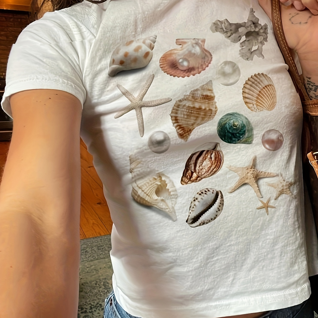 

Shell Print T-shirt, Short Sleeve Crew Neck Casual Top For Summer & Spring, Women's Clothing