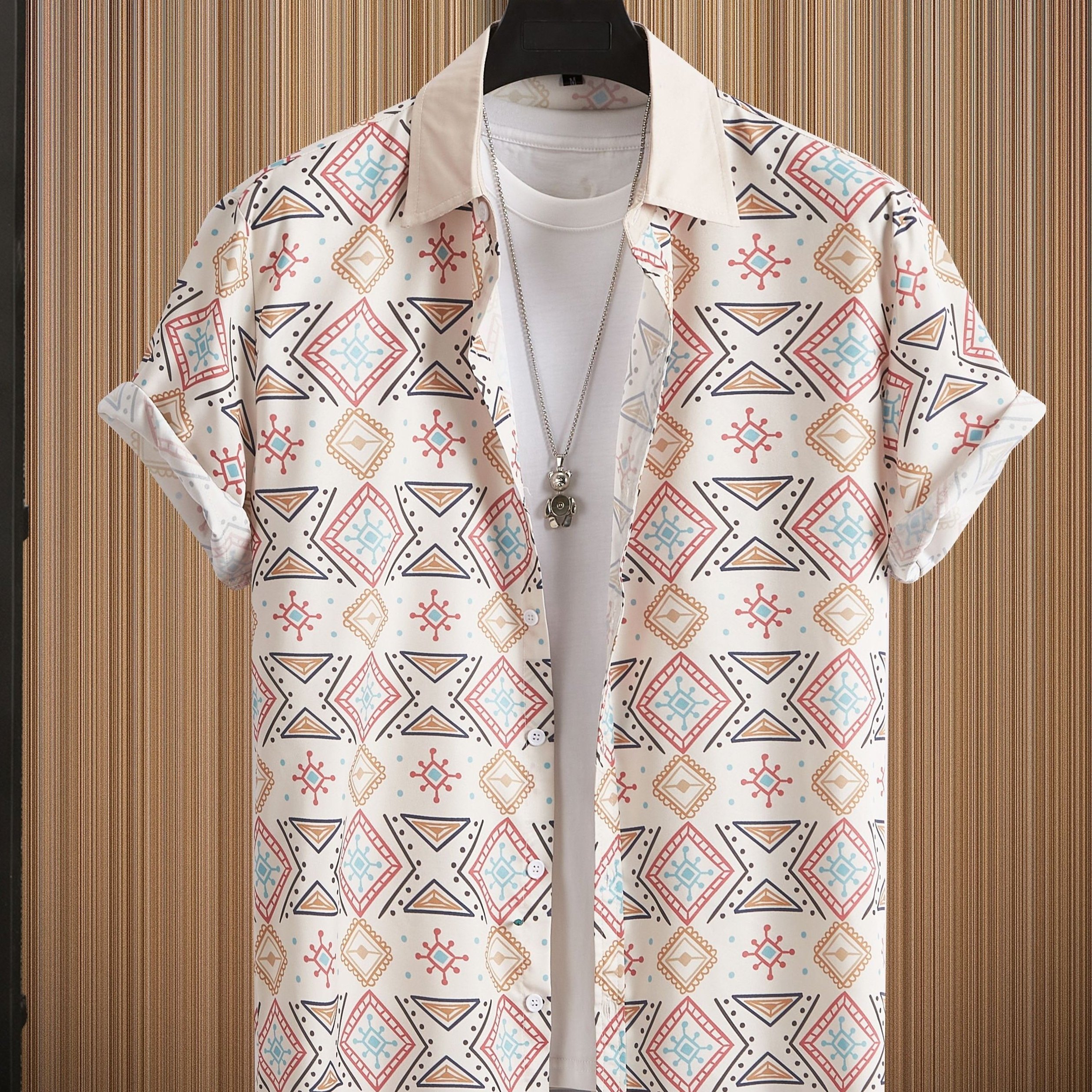 

Retro Boho Men's Short Sleeve Lapel Shirt, Men's Casual Printed Button Up Tops For Summer Vacation