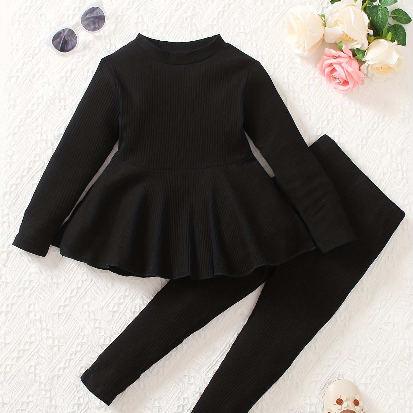 

Girls Round Neck Long Sleeve Pit Strip Top & Elastic Waist Legging Pants 2pcs Ruffle Casual Kids Clothes For Spring And Autumn
