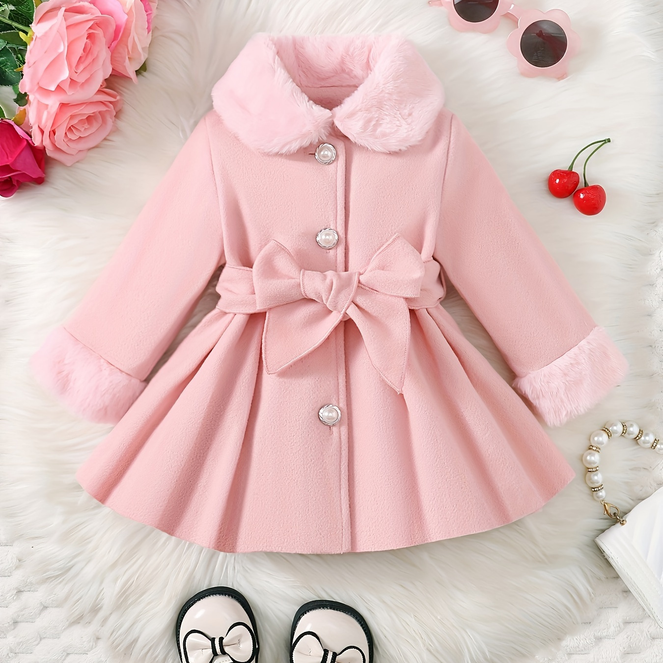 

Baby's Elegant Fuzzy Collar Belted Coat, Button Front Warm Overcoat, Baby Girl's Clothing For Outdoor