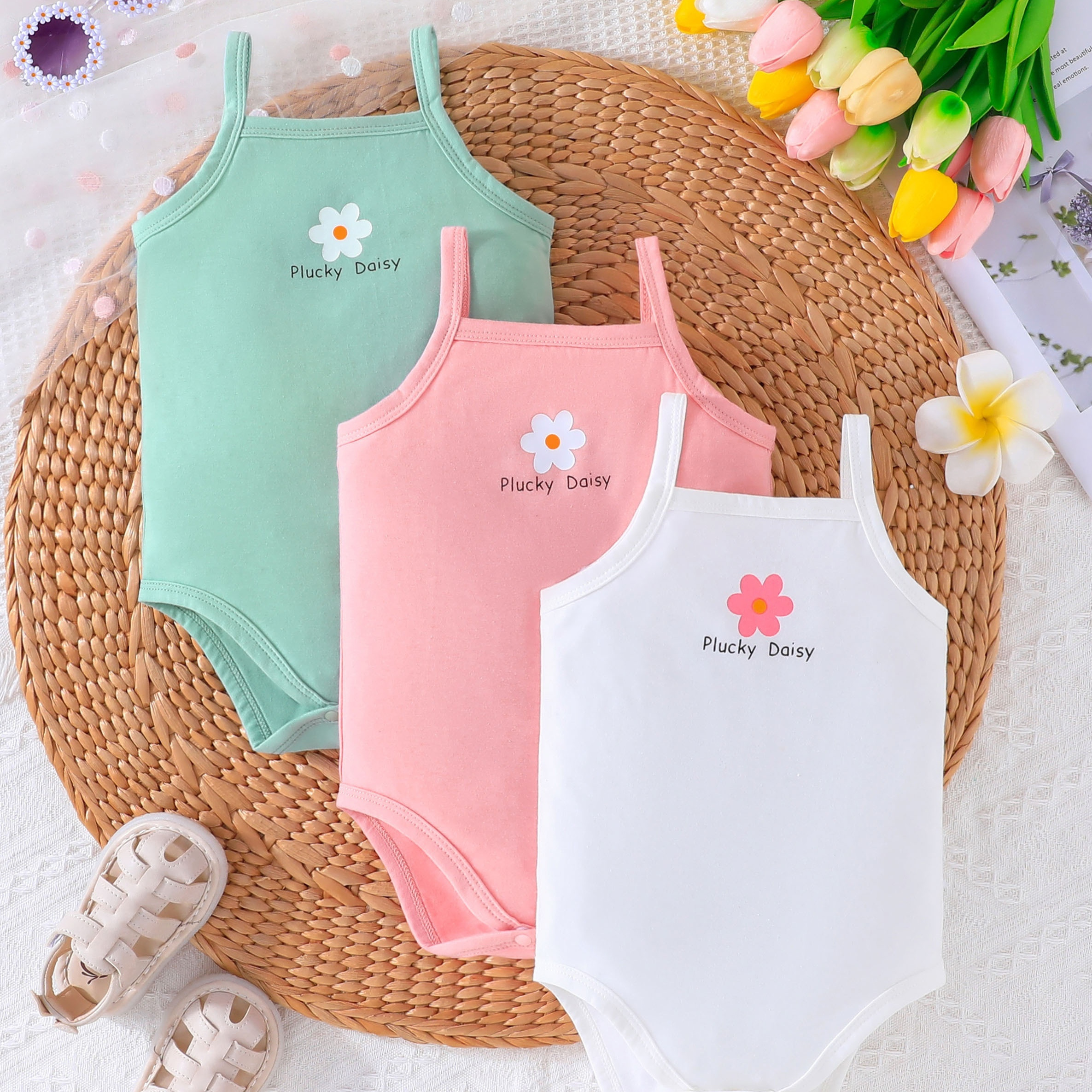 

3pcs Baby's Cartoon Flower Print Triangle Bodysuit, Casual Sleeveless Romper, Toddler & Infant Girl's Onesie For Summer, As Gift