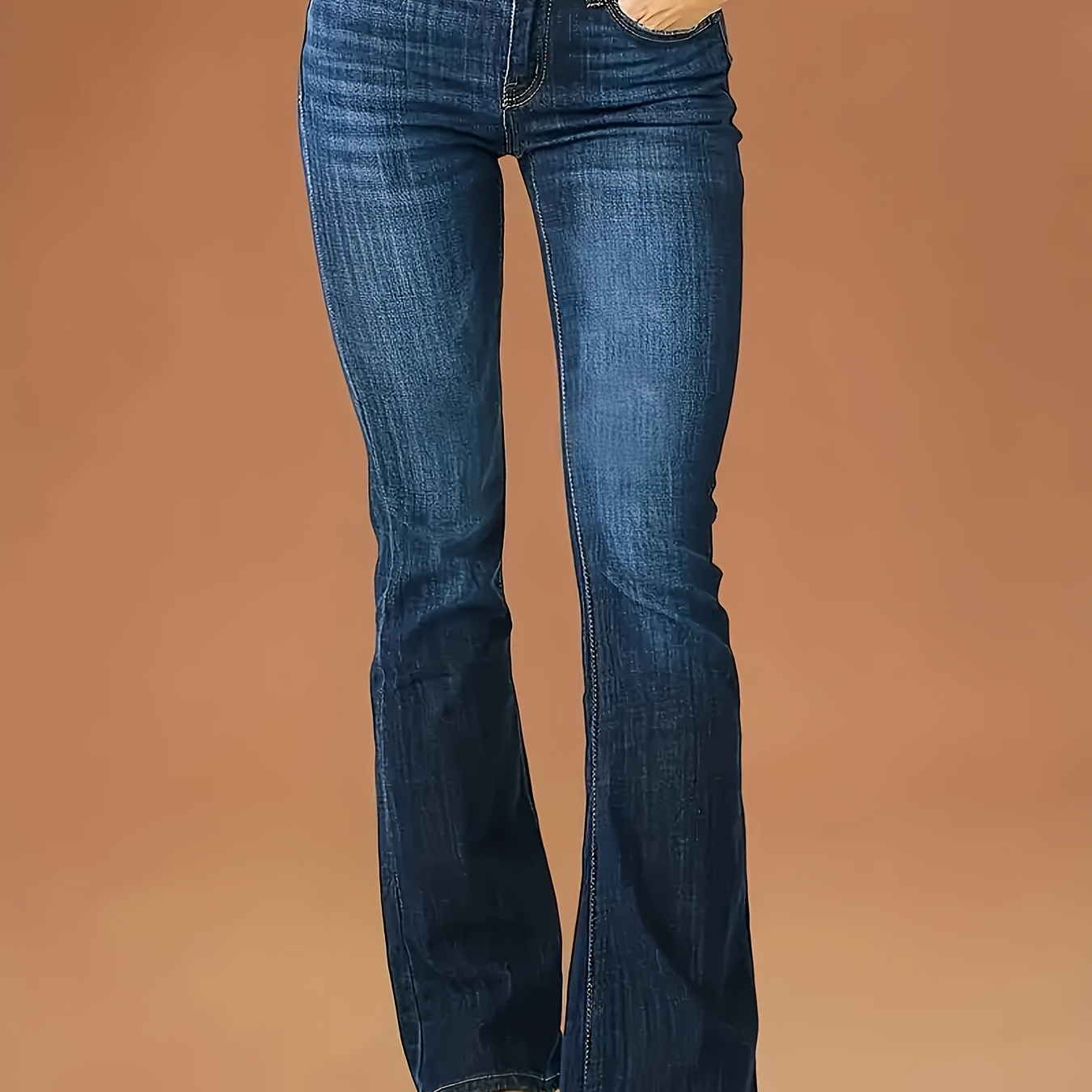 

Washed Blue Zipper Button Closure Flare Leg Bootcut Denim Pants, Women's Denim Jeans & Clothing