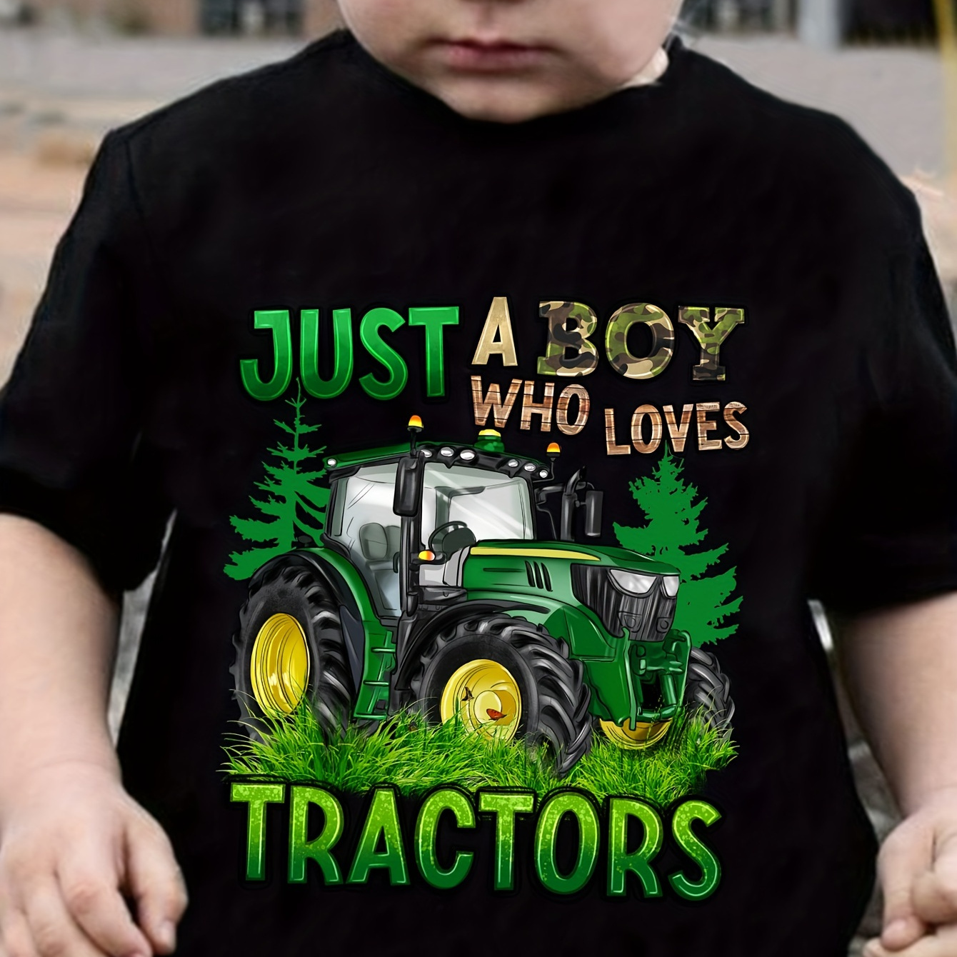 

just A Boy Who Loves Tractors" & Tractor Graphic Design T-shirt For Kids, Trendy Short Sleeve Top For Spring And Summer, Boy's Clothing