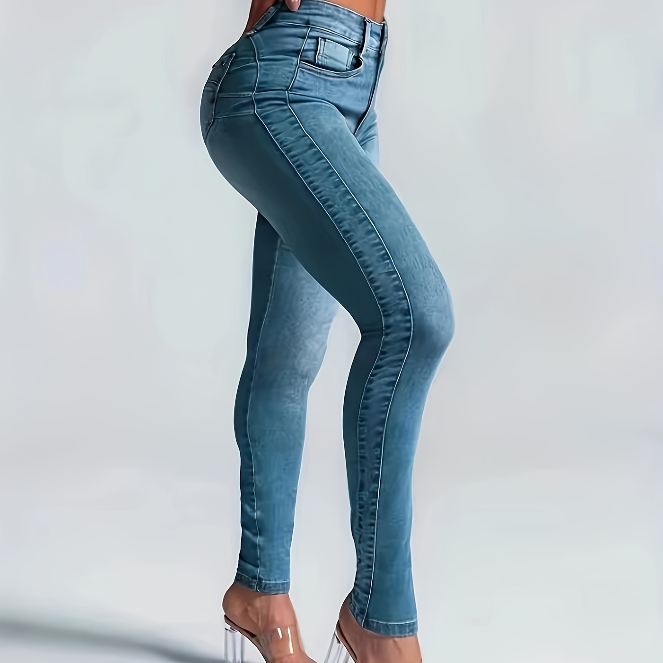 

Women's Sexy High-waisted Skinny Jeans, Stretch Denim, Plain Casual Fashion Pants, Light Blue For Fall