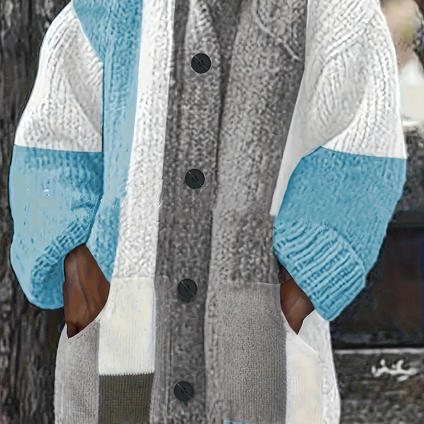 

Plus Size Hooded Knitted Cardigan, Casual Button Front Pockets Long Sleeve Cardigan For Fall & Winter, Women's Plus Size Clothing