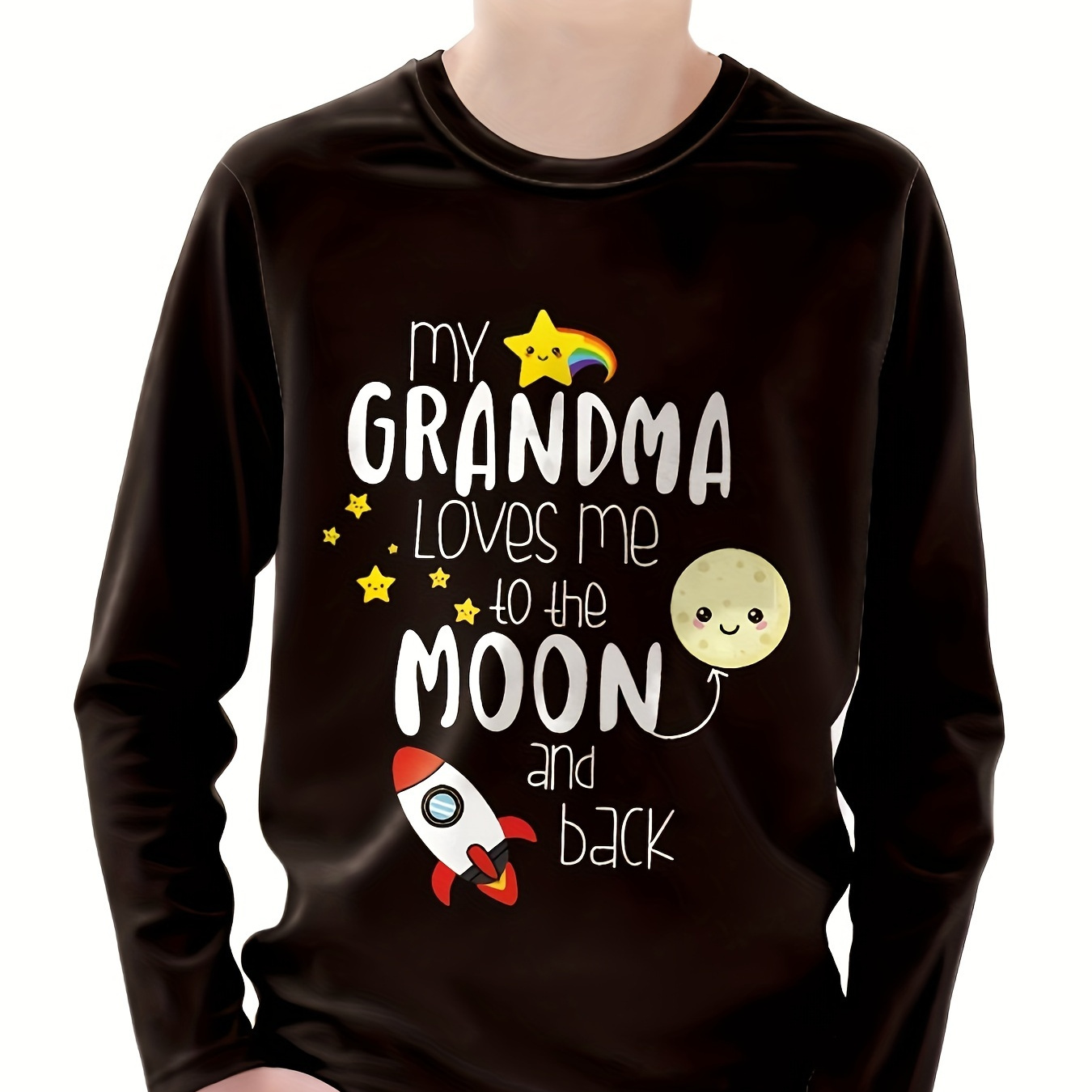 

My Grandma Loves Me To The Moon And Back Letter Print Boys Creative Long Sleeve T-shirt, Casual Comfy Tops, Kids Outdoor Clothes