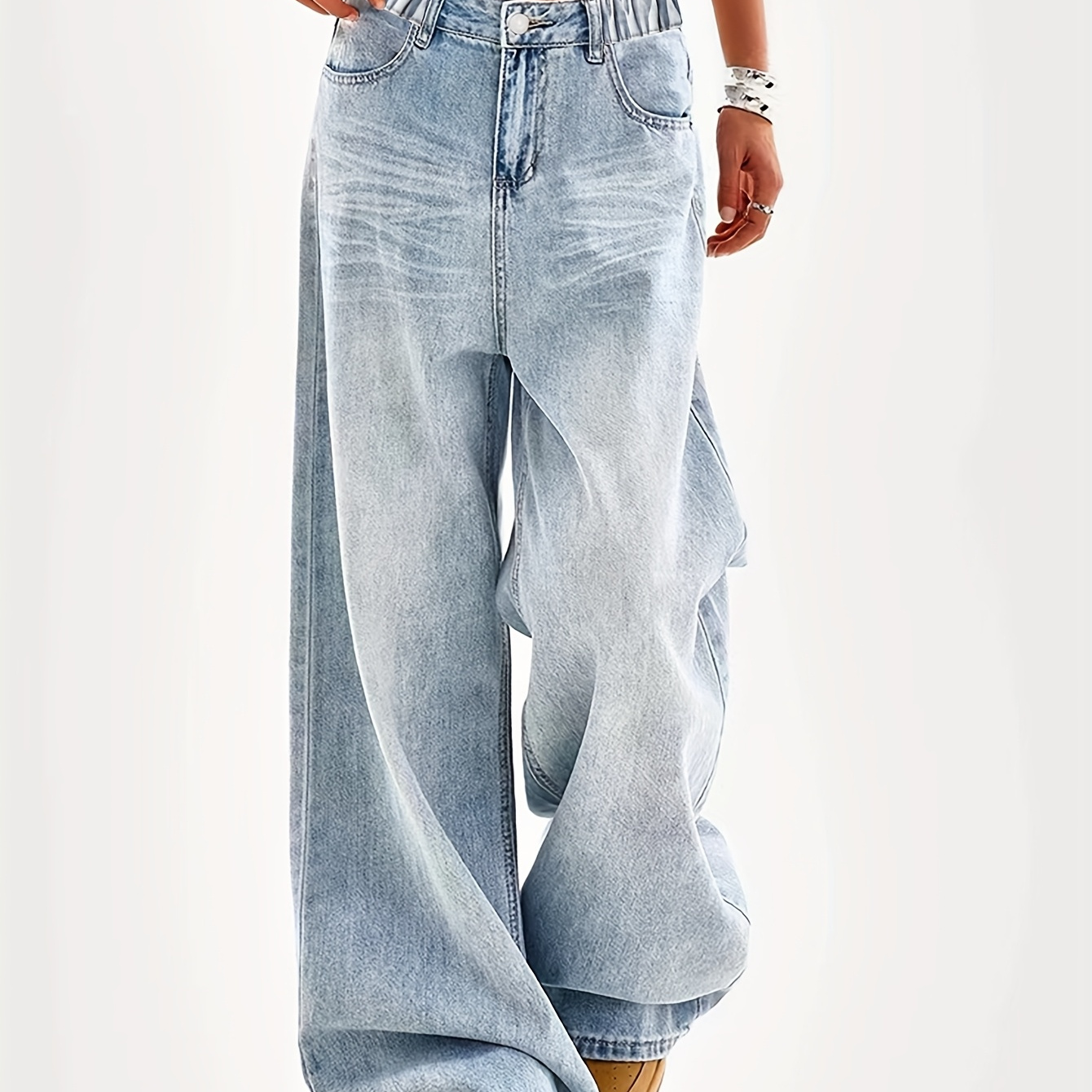 Cozy Comfort] Vintage-Inspired Washed Blue Straight-Leg Jeans for Teen Girls - Casual, Non-Stretch Denim with Elastic Waistband, Machine Washable - Perfect for All Seasons