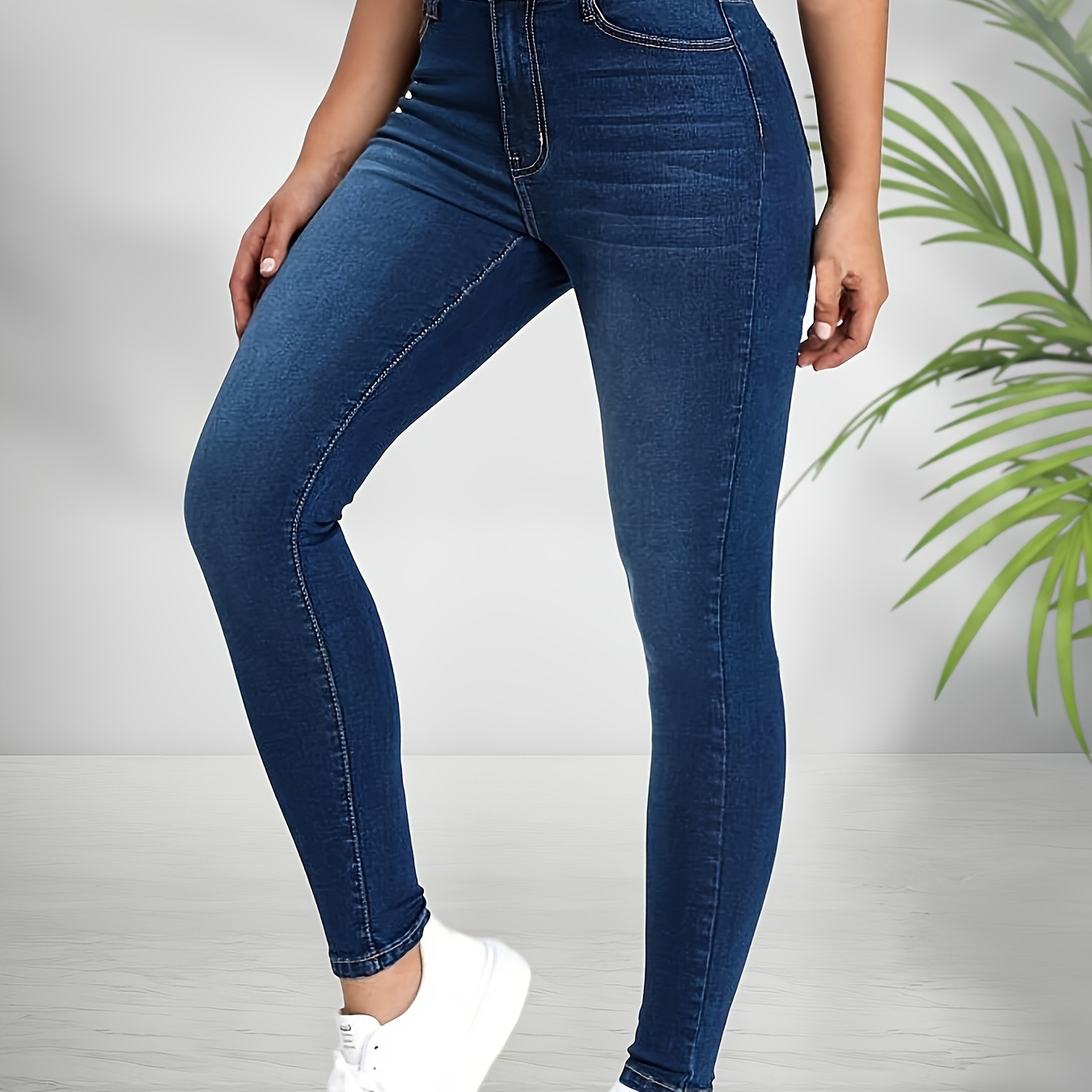 

Plain Washed Blue Skinny Fit Denim Pants, Zipper Button Closure Slash Pocket Casual Jeans, Women's Denim Jeans & Clothing For Fall