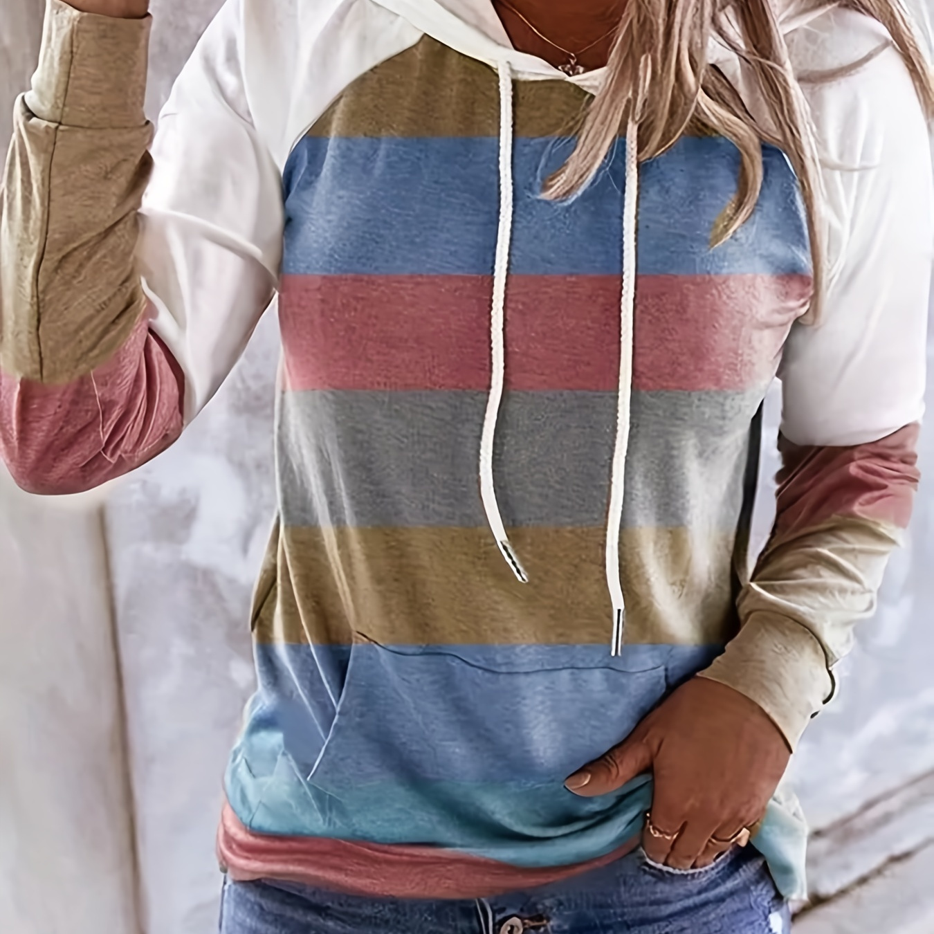 Plus Size Casual Sweatshirt, Women's Plus Colorblock Long Sleeve Drawstring Hooded Pullover Sweatshirt With Kangaroo Pockets, Casual Tops For Fall & Winter, Plus Size Women's Clothing