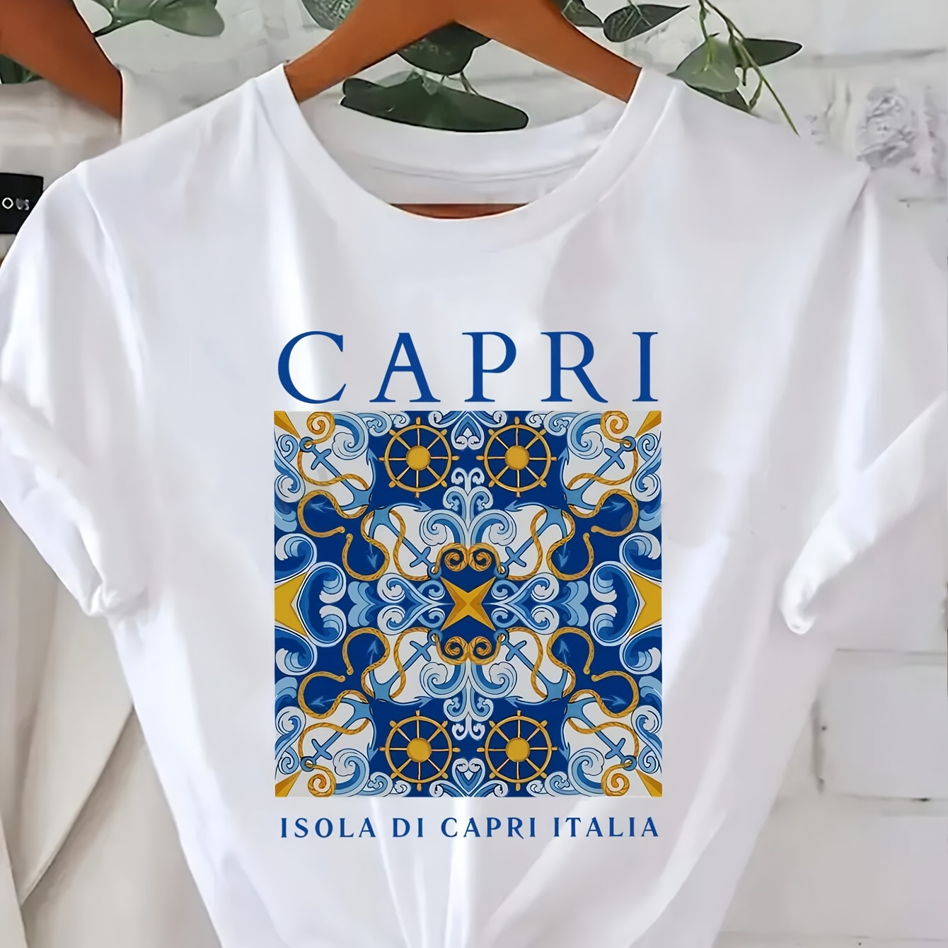 

Women's Capri Graphic Polyester T-shirt With Spandex Stretch, Casual Crew Neck, Knit Fabric, Regular Length – All Season Wear