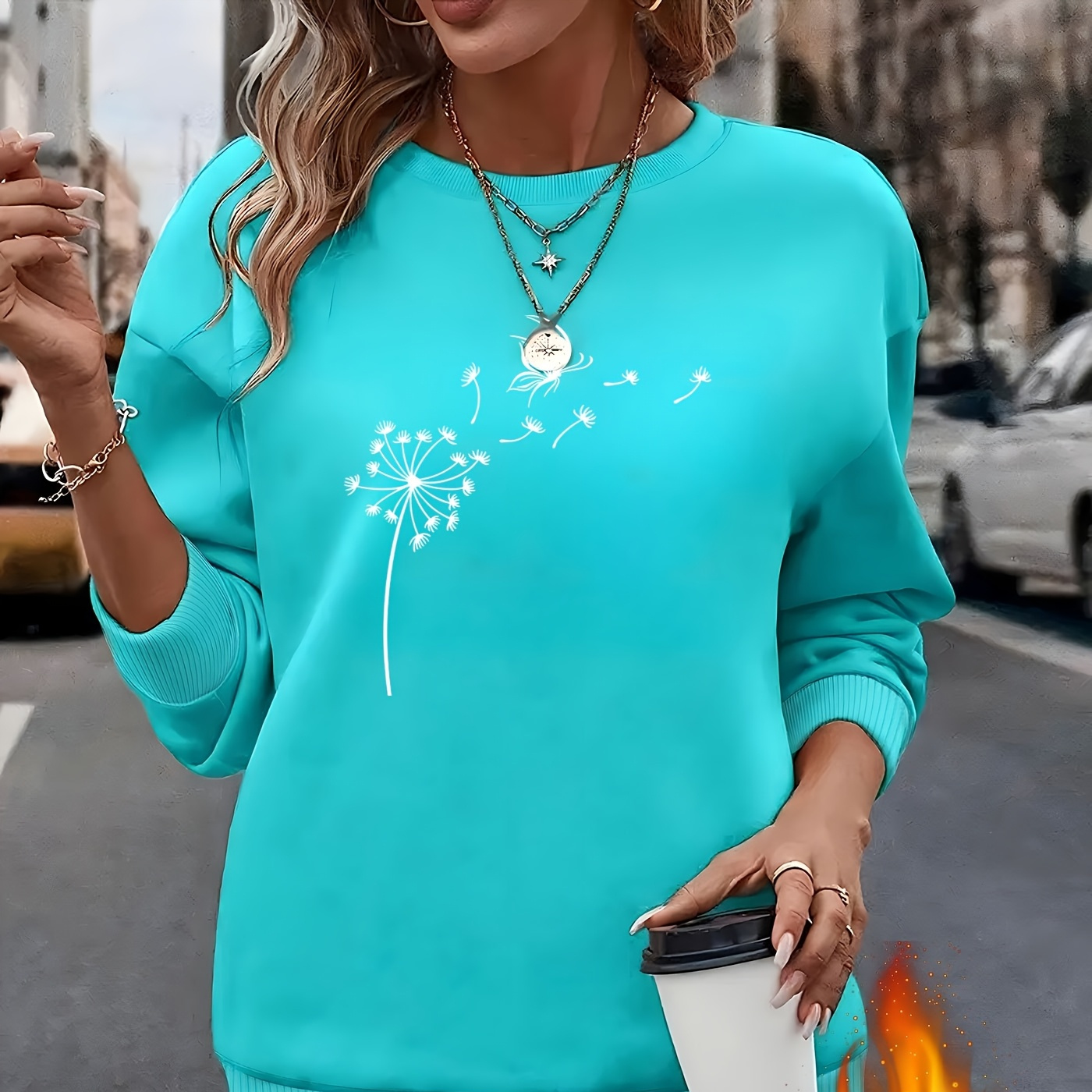 

Elegant Dandelion Print Fleece-lined Long Sleeve Crew Neck Sweatshirt For Women - Machine Washable