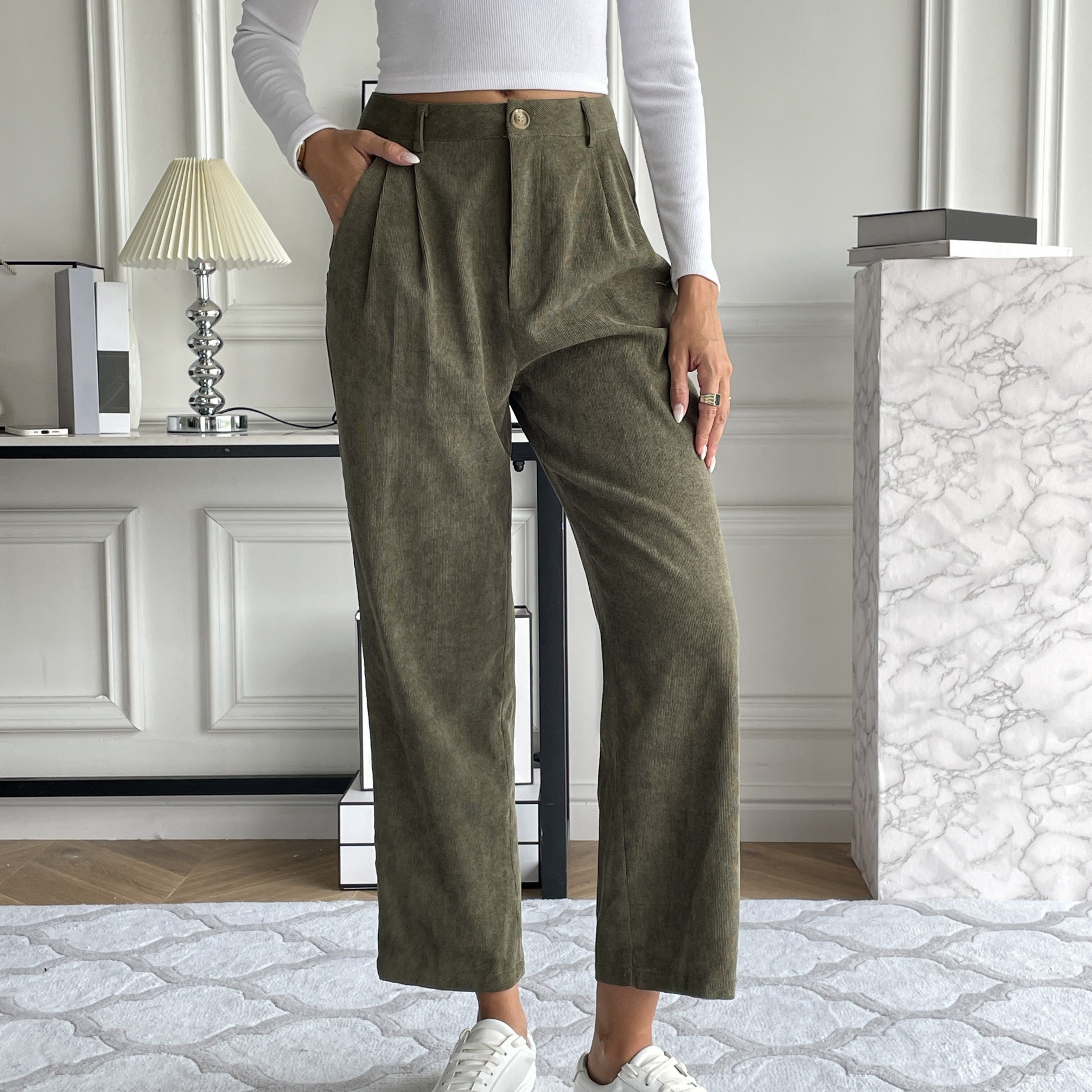 Corduroy Pocket Straight Leg Pants Casual Loose High Waist - Temu