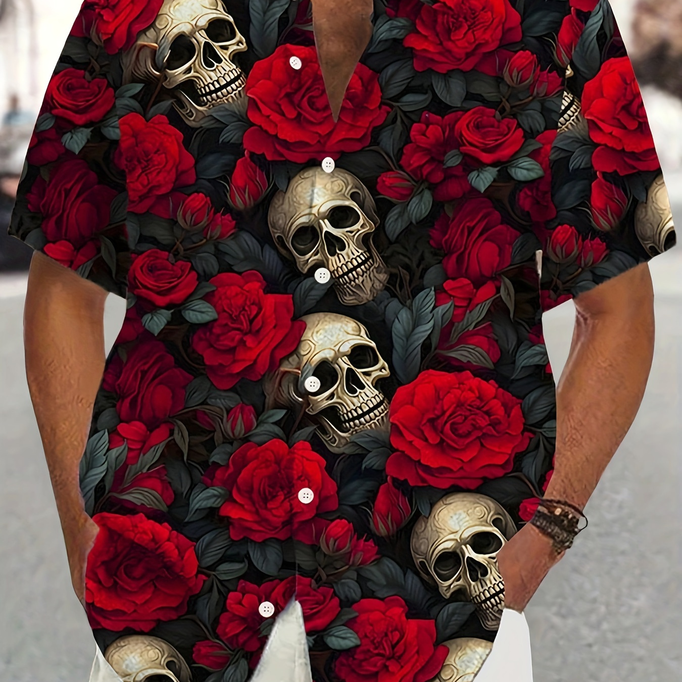 

Chemise à manches courtes à revers avec imprimé rétro tête de mort et rose pour homme, pour l'été, chemises décontractées et confortables comme cadeau.