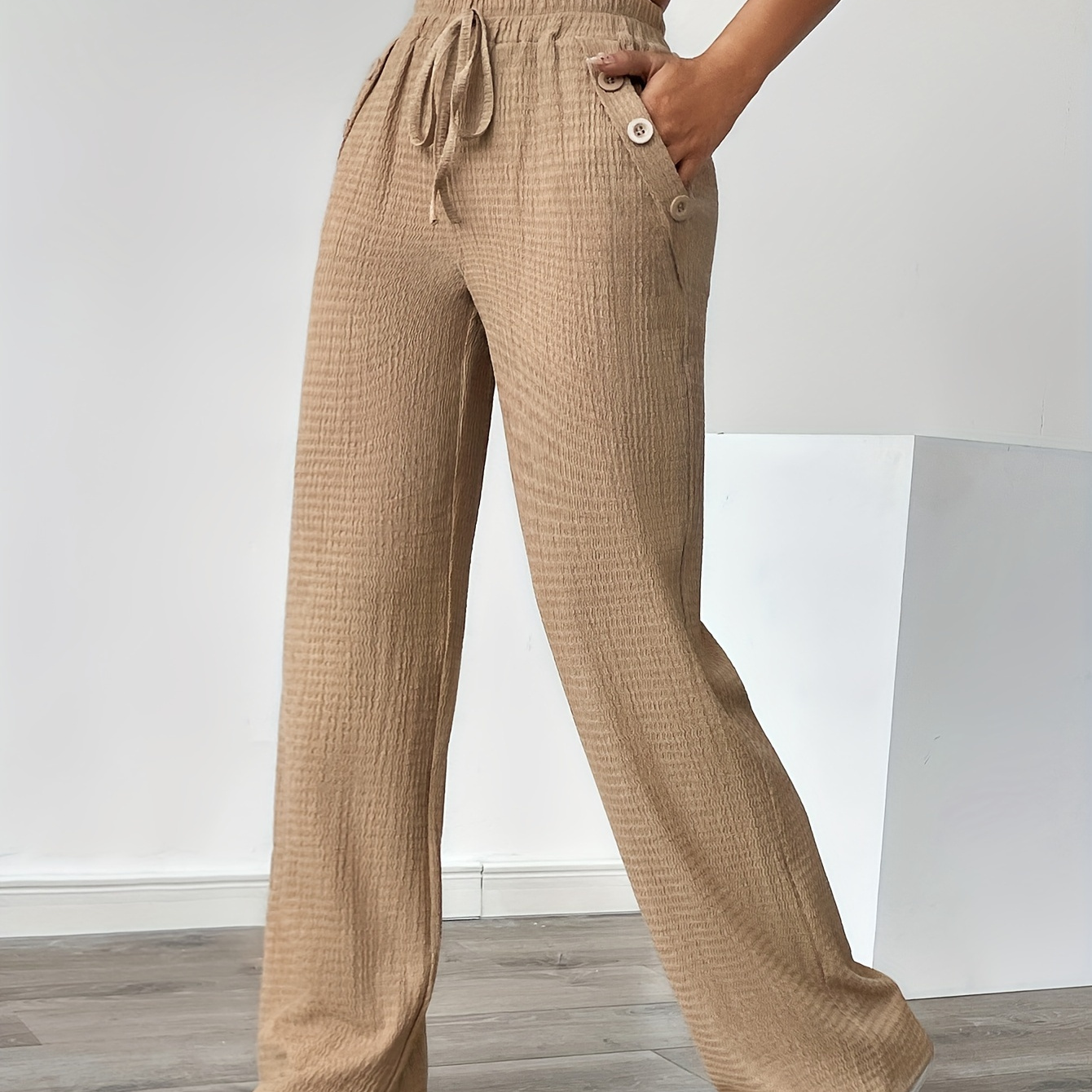 

Pantalon de unie fausse , poches obliques et jambes droites, pantalon décontracté et polyvalent à taille le et l'été, vêtements femmes