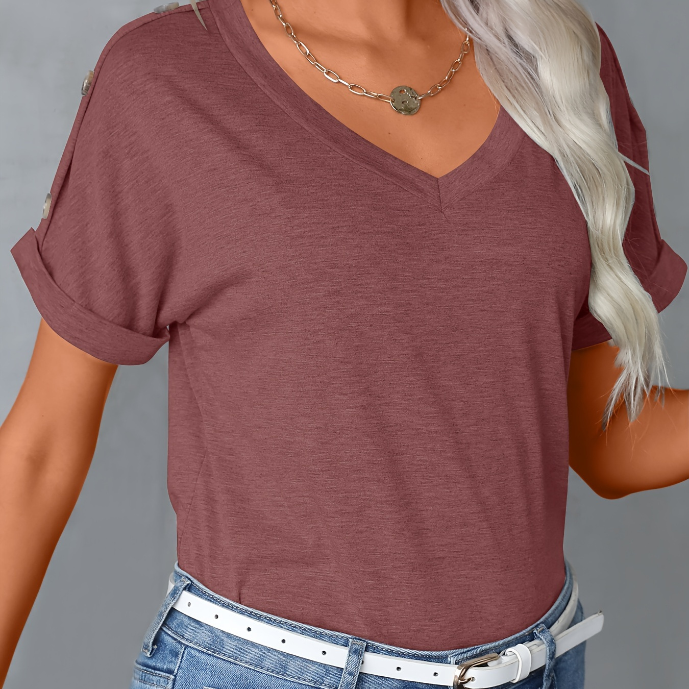 

Versatile Solid V-neck Button T-shirt, Casual Loose Short Sleeve T-shirt For Spring & Summer, Women's Clothing