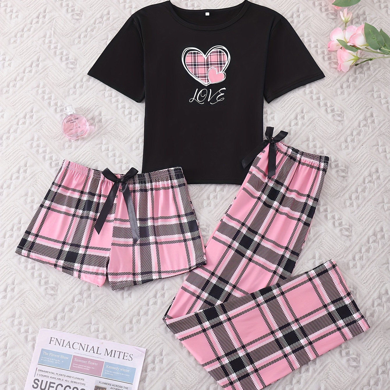 

3pcs Women's Casual Pajama Set, Short Sleeve Crew Neck T-shirt With Heart Print & Shorts And Long Pants, Polyester Knit Fabric Sleepwear For All