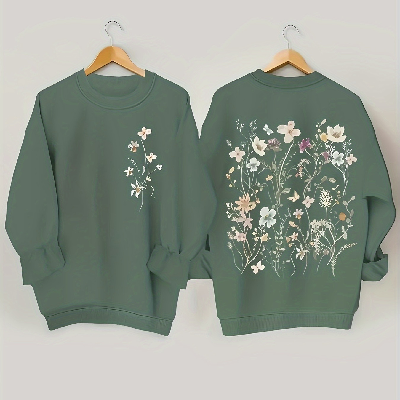 

Plus Size Floral Embroidery Sweatshirt - Cozy Polyester Crew Neck For Women, Casual Long Sleeve Pullover, Fall & Spring, With Accents, Plus Size Sweatshirt