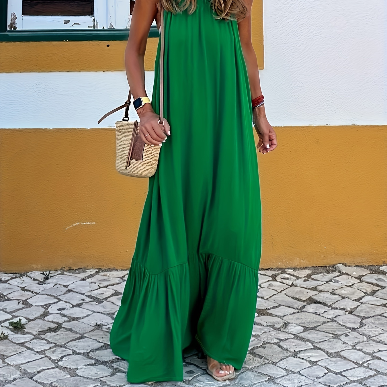 

Backless Ruffle Hem Halter Dress, Casual Solid Color Sleeveless Loose Dress For Spring & Summer, Women's Clothing
