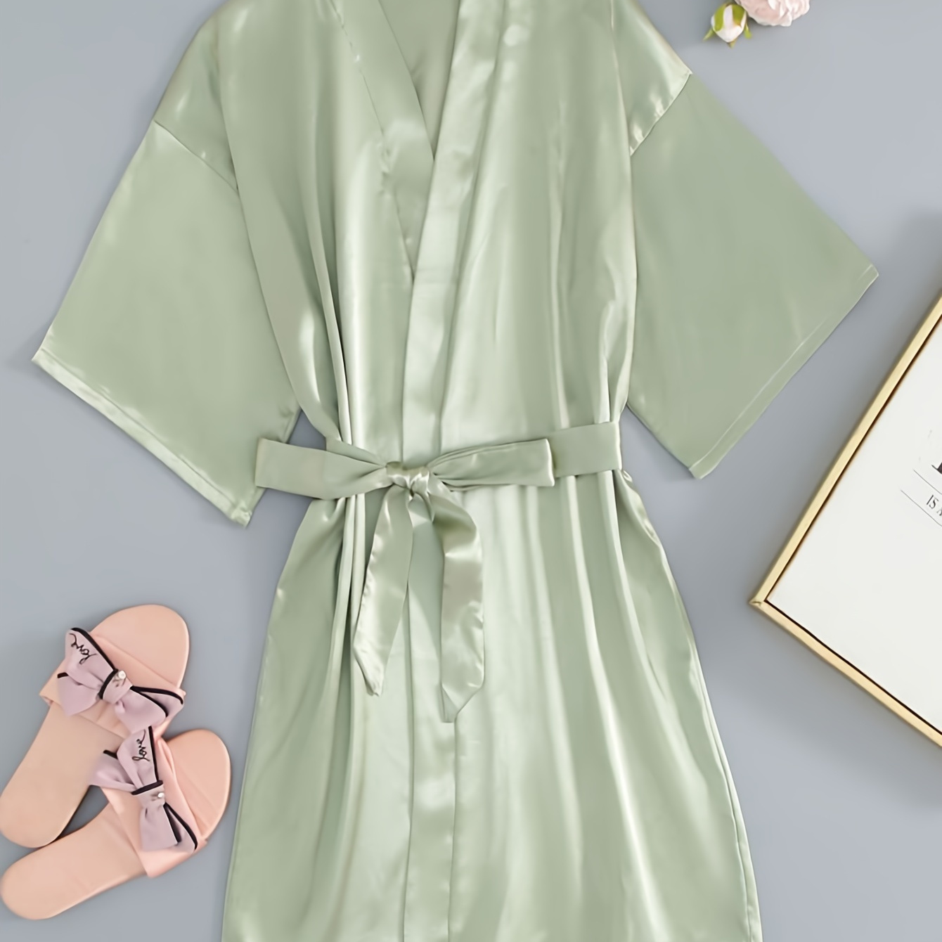 

Elegant Solid Satin Night Robe, Half Sleeve V Neck Sleep Robe With Belt, Women's Sleepwear