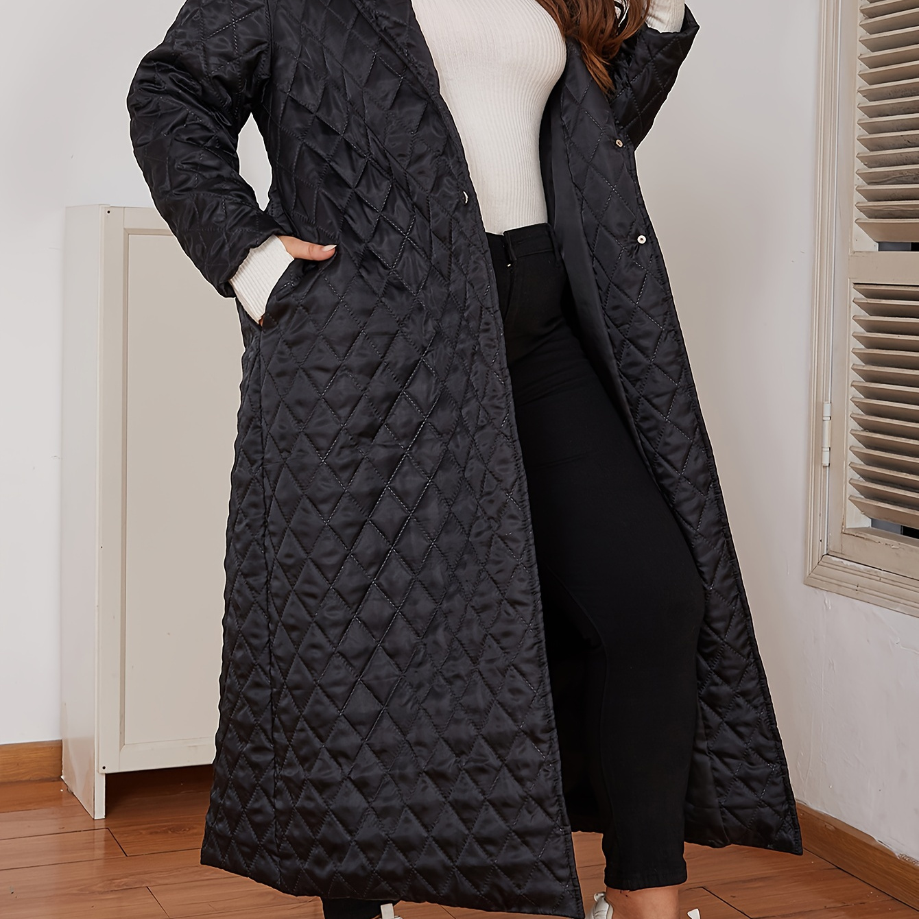 

Plus Size Casual Coat, Women's Plus Solid Quilted Long Sleeve Button Up Lapel Collar Longline Puffer Coat