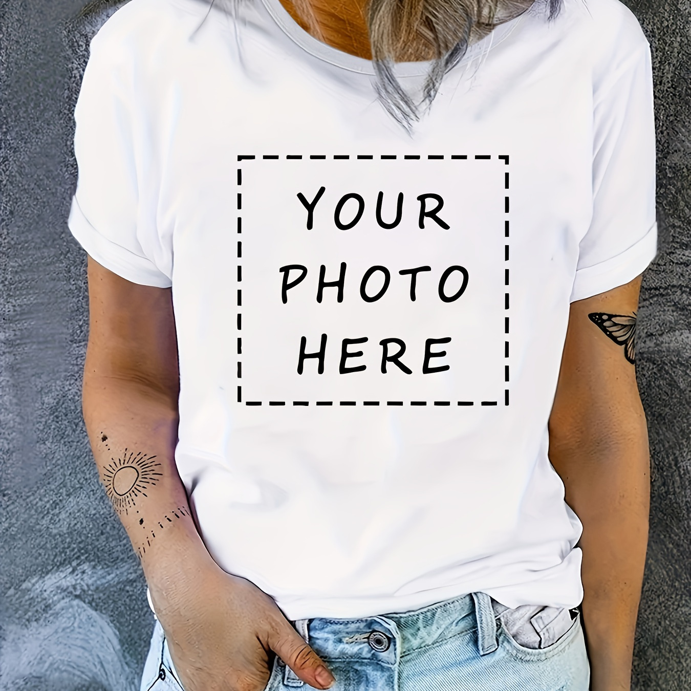 

1pc Customizable Women's Casual Sports T-shirt With "your Photo Here" Print - Polyester, Round Neck, Short Sleeve, Regular Fit, Summer Tee For Team Uniforms, Weddings, Parties, Company Events