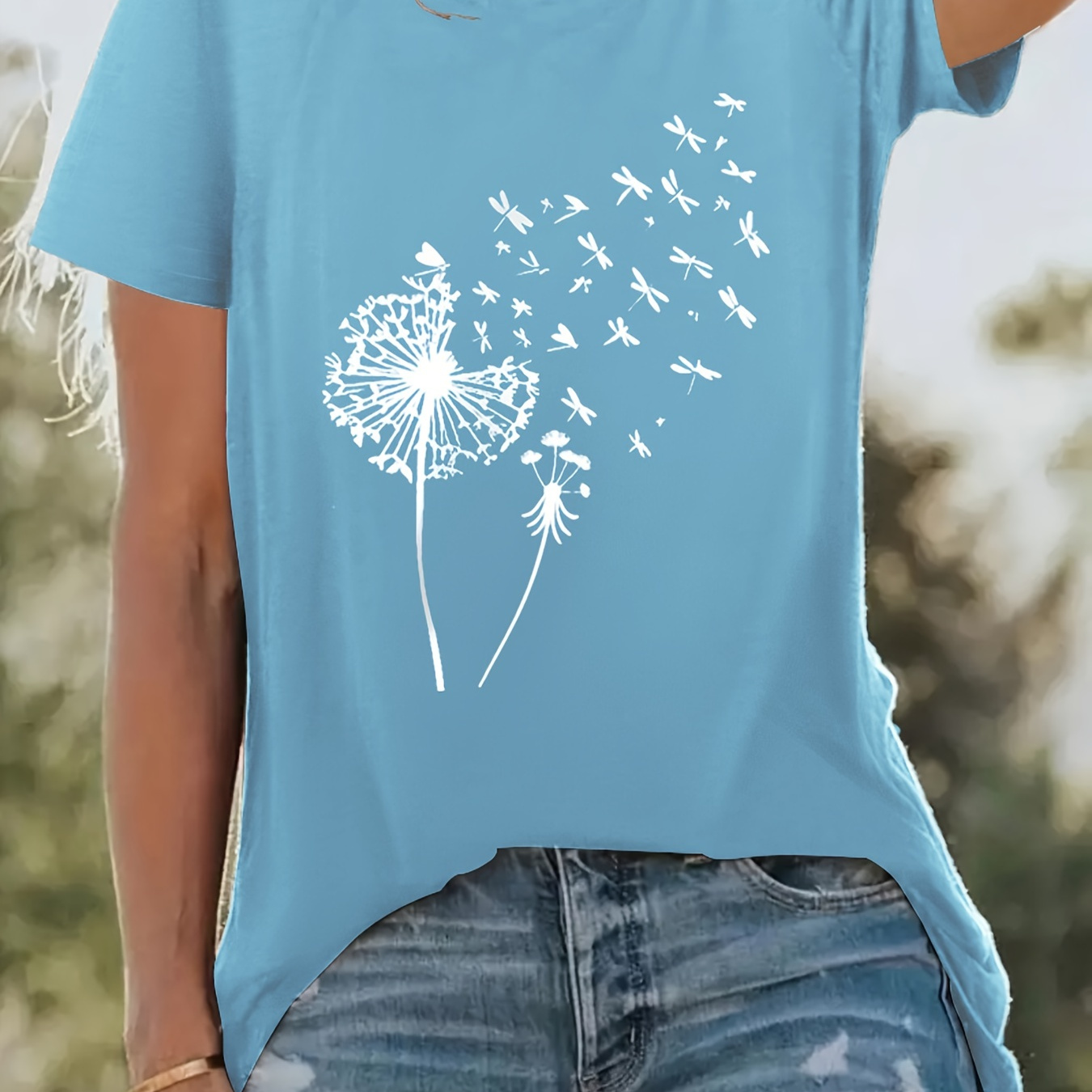 

Dandelion Print Crew Neck T-shirt, Casual Short Sleeve T-shirt For Spring & Summer, Women's Clothing