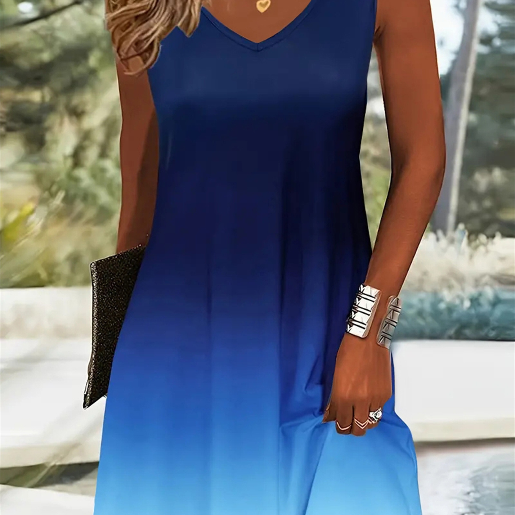 

Plus Size Gradient Color V Neck Dress, Casual Sleeveless Dress For Summer, Women's Plus Size Clothing
