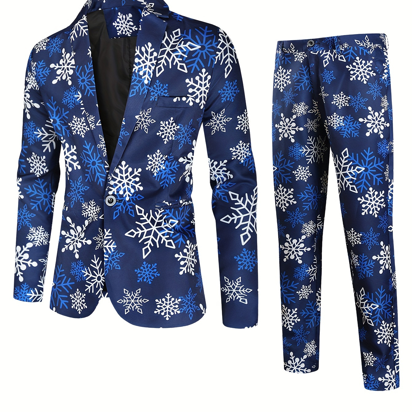 

Men's Holiday Suits - Polyester Party Suit Blazer With Pants Set, Christmas , Lapel Collar, Non-stretch Fabric, Random Print Pattern, Suiting With Pocket Detail, Regular Fit Woven Two-piece Suit Set