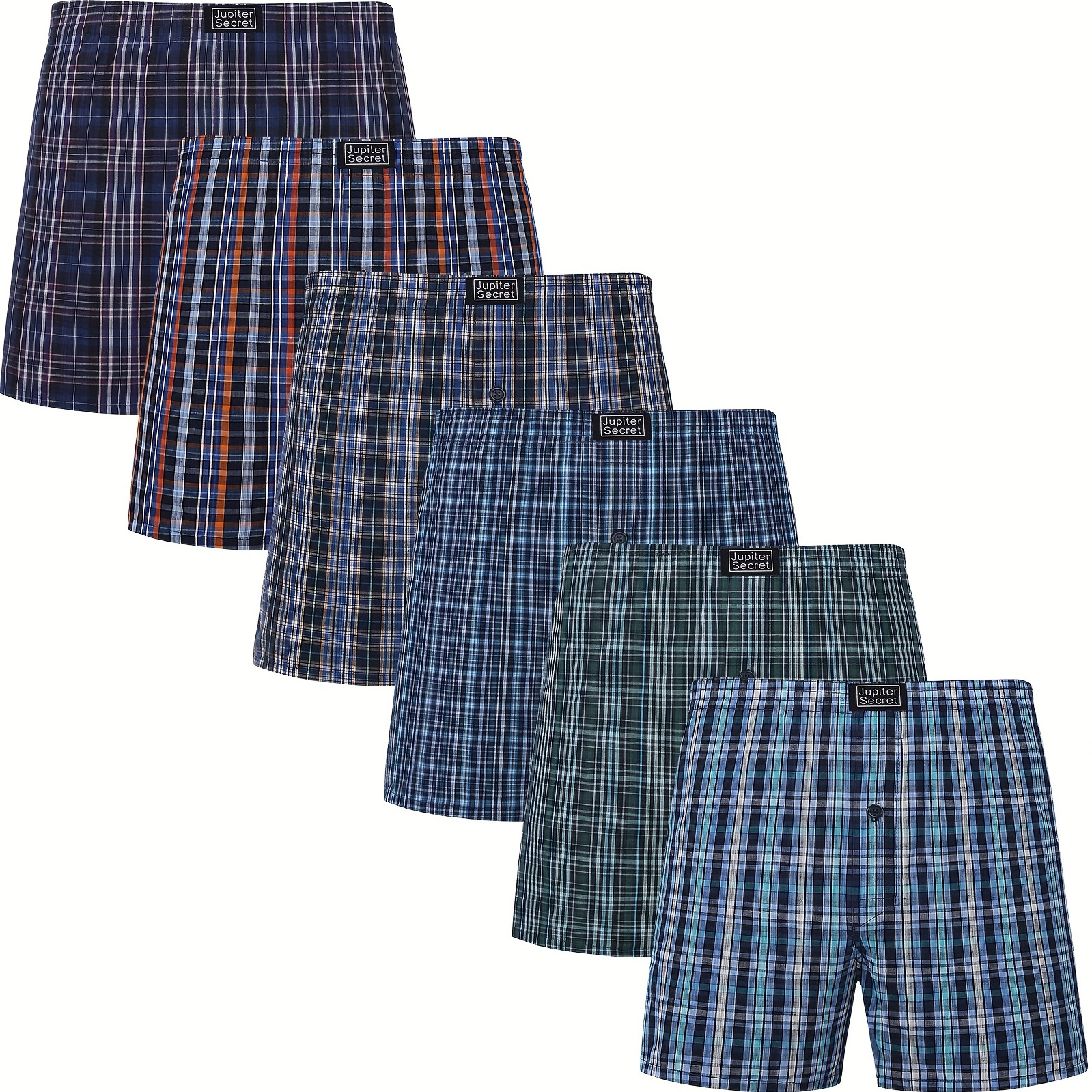 

Random Style 6pcs Men's Cotton Boxer Shorts With Elastic Waistband And Buttons, Casual Plaid Boxers Shorts