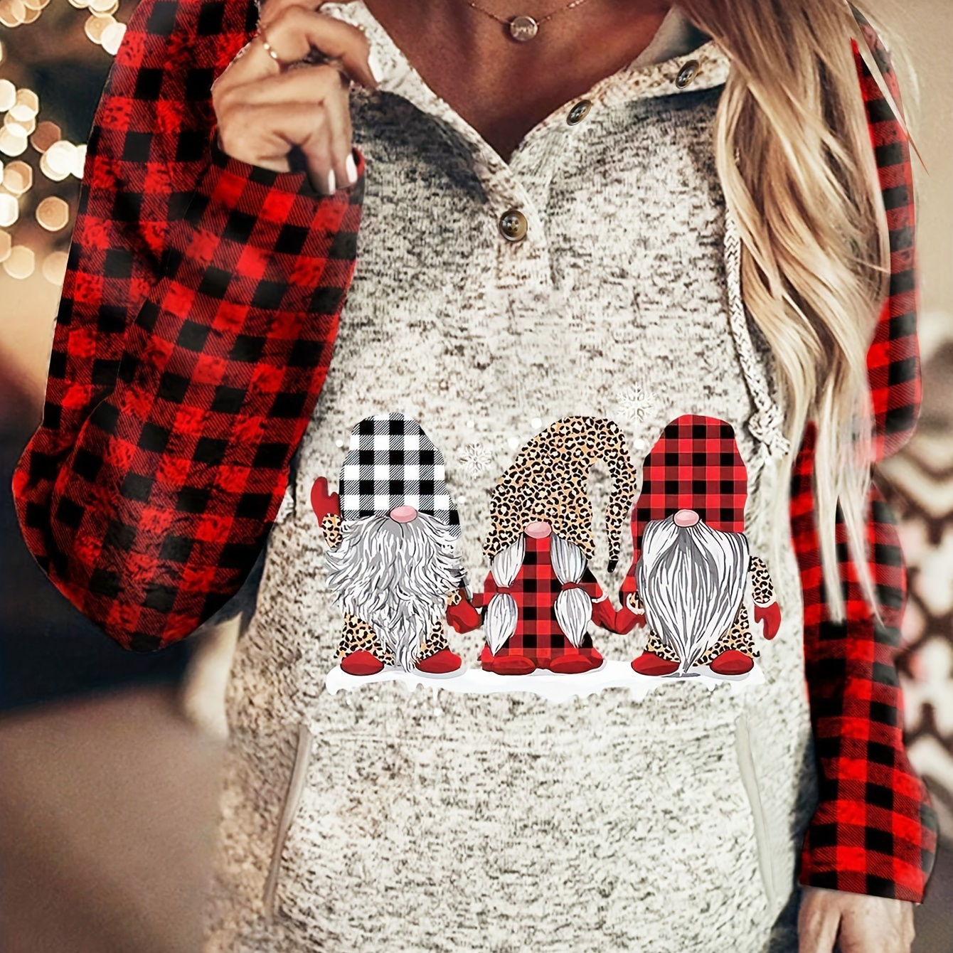 Plus Size Casual Sweatshirt, Women's Plus Funny Dwarf & Plaid Print Button Up Hooded Long Sleeve Pullover Sweatshirt With Kangaroo Pockets