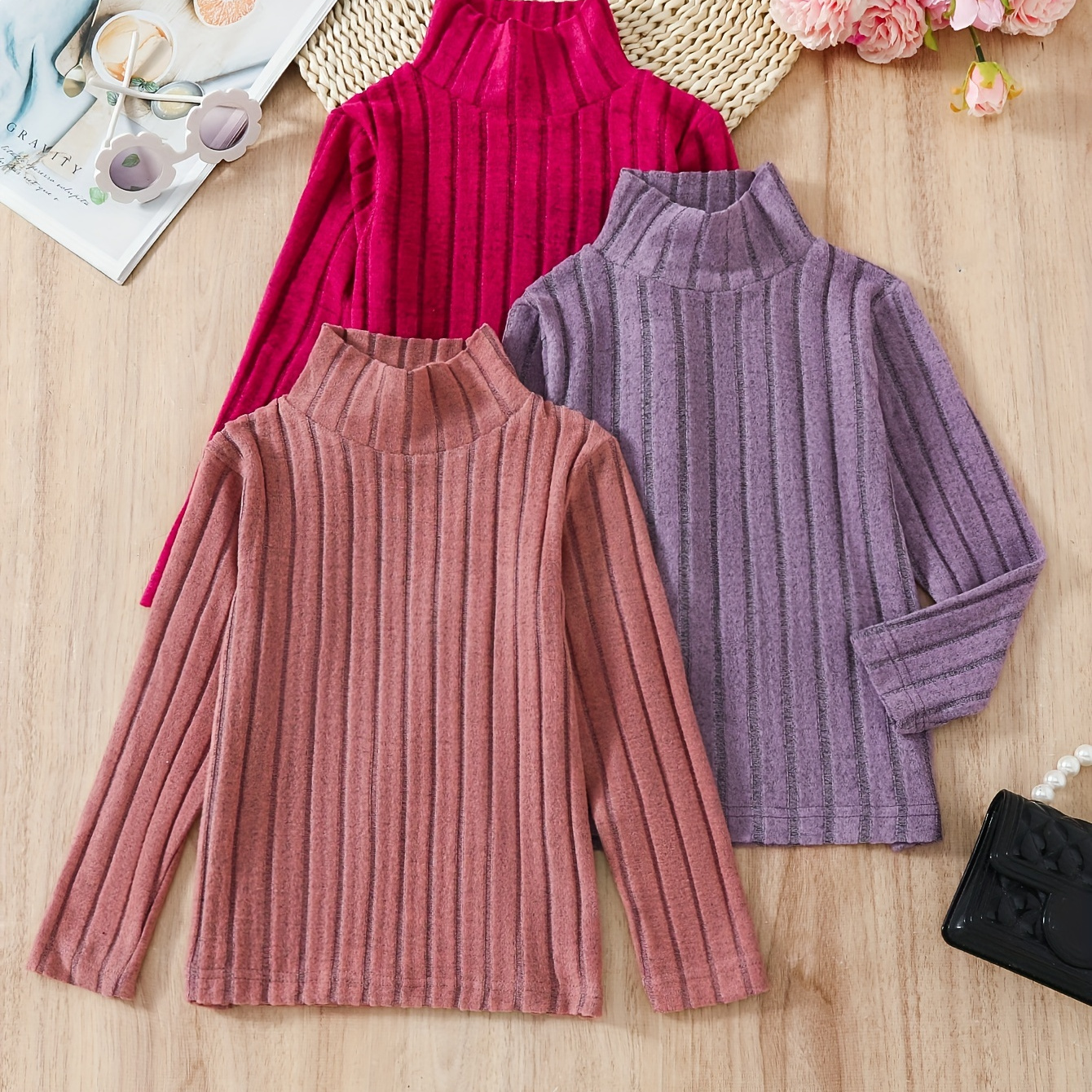

3pcs Girls Basic Layer Tops Mock Neck Long Sleeve Tees, Comfy Warm Ribbed Knit Sweater Tee For Daily