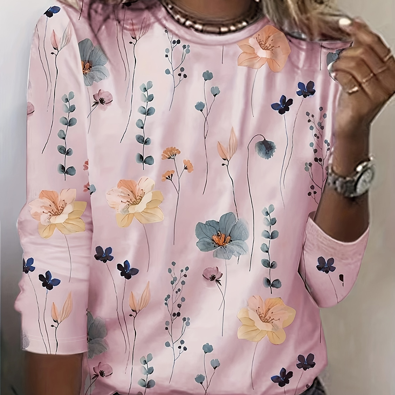 Floral Print Sweatshirt, Casual Long Sleeve Crew Neck Sweatshirt For Spring & Fall, Women's Clothing