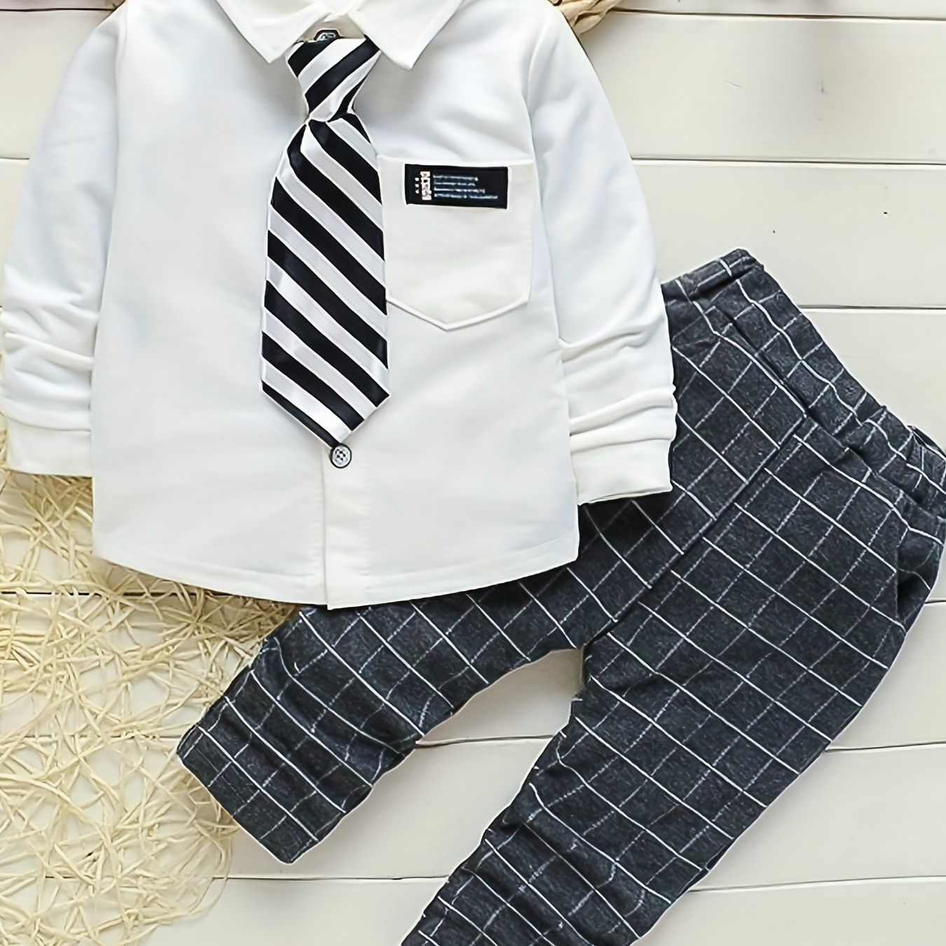 

Boys Cute Gentleman Shirt Suit - Button Lapel Long Sleeve Shirt + Tie + Plaid Pants Set, Perfect For Toddlers Babies Party Birthday Dress Up