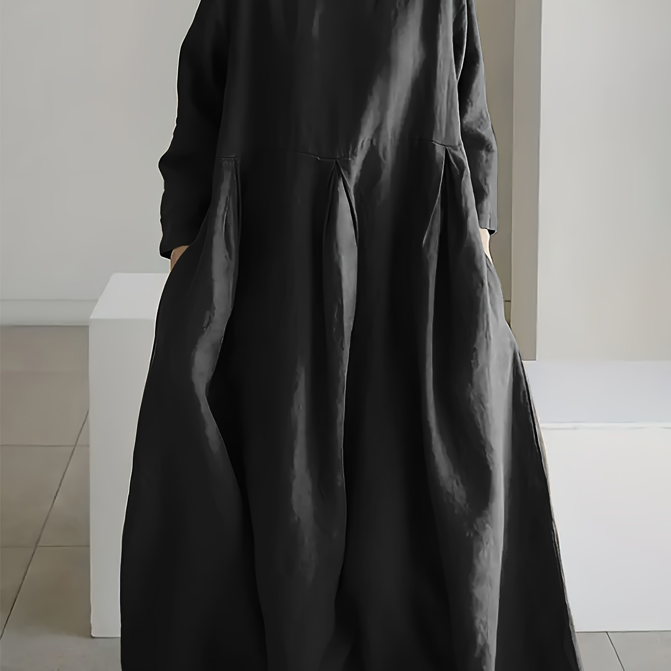 

Plus Size Solid Color Loose Longline Dress, Elegant Long Sleeve Crew Neck Dress For Spring & Fall, Women's Plus Size Clothing
