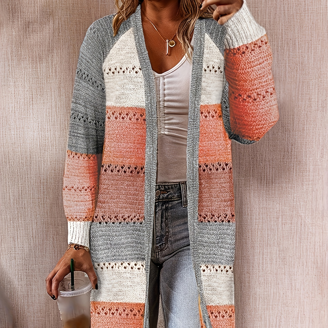 

Women's Casual Long Knit Cardigan Sweater, V-neck, Striped Pattern, Ribbed Detail, Acrylic - Fall/winter