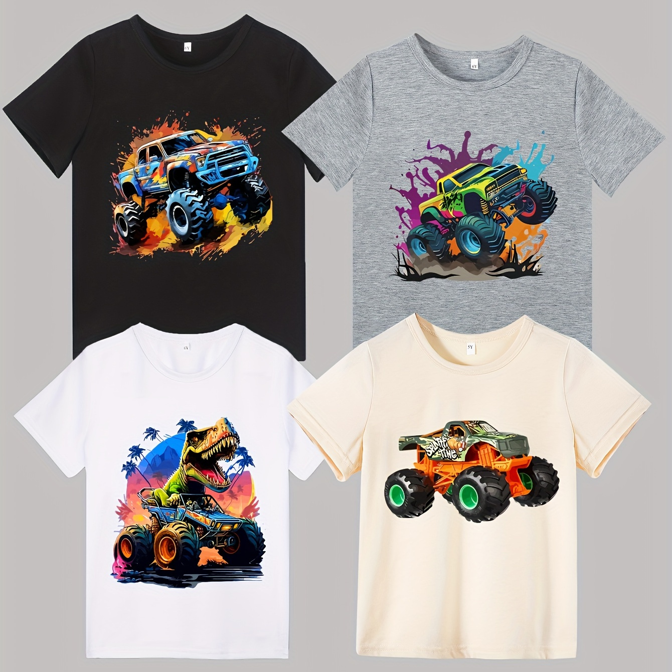 

Boys T-shirt 4-piece Set With Monster Truck And Dinosaur Pattern Printed Round Neck Comfortable Casual Short Sleeved Top