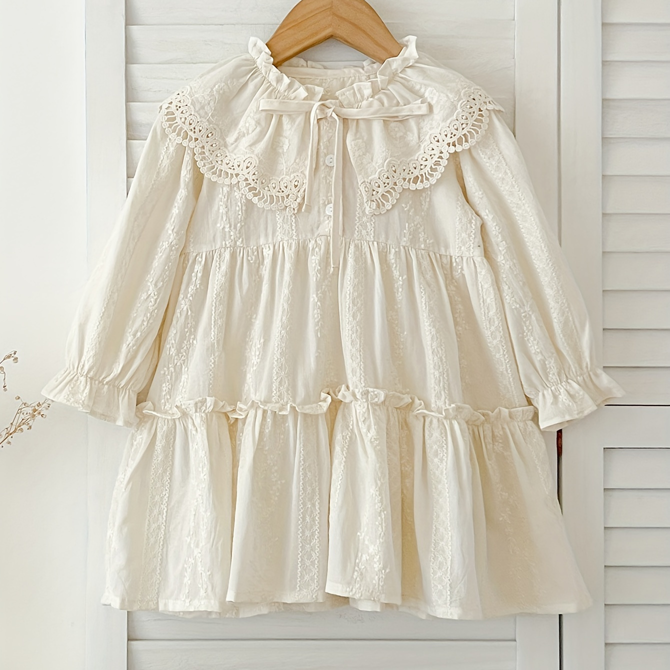 

Little Girls Solid Embroidered Bow Front Lace Panel Long Sleeve Dress 100% Cotton Sweet Casual Dresses