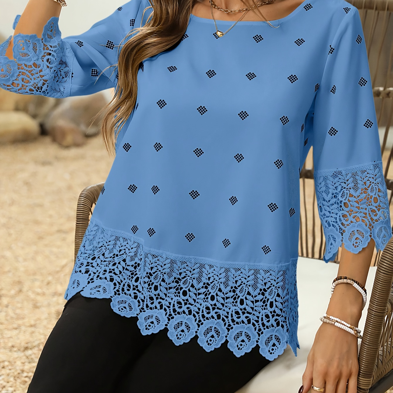 

Geo Print Lace Trim Blouse, Elegant Crew Neck -quarter Sleeve Blouse For Spring & Fall, Women's Clothing