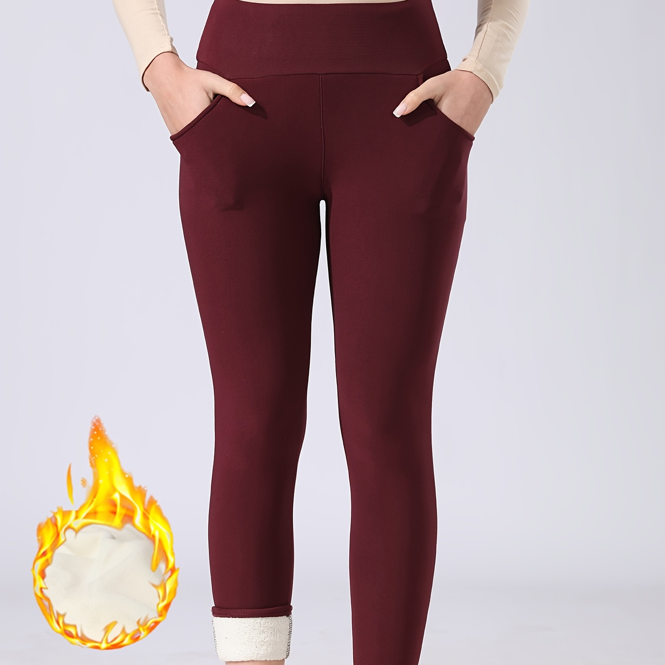 

Women's Fleece-lined Thermal Leggings - High Waist, Tummy Control, With Pockets For Running & Casual Wear, Fabric, Machine Washable, Plus Size Leggings