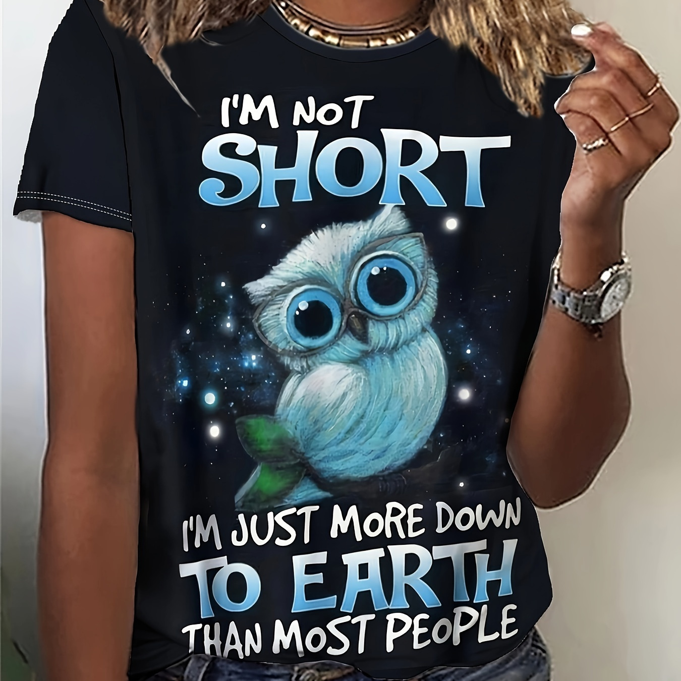 

Owl Print T-shirt, Casual Short Sleeve Crew Neck Top For Spring & Summer, Women's Clothing