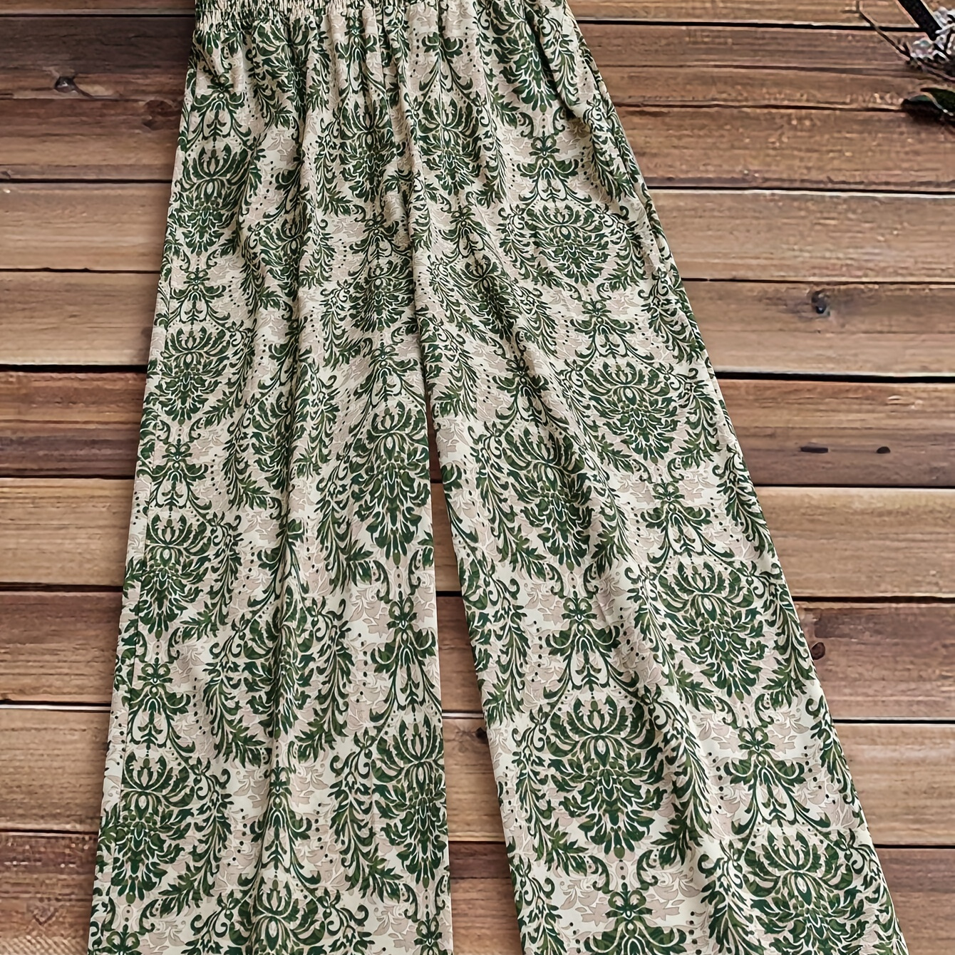 

Plus Size Ethnic Print Wide Leg Pants, Paper Bag Waist Pants For Spring & Fall, Women's Plus Size Clothing