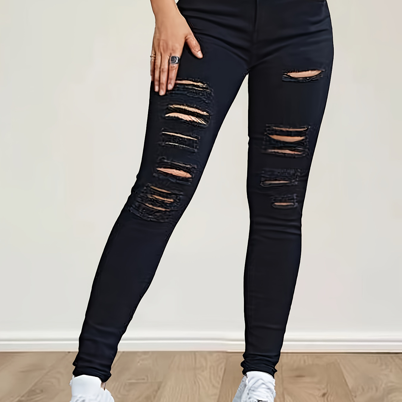 

Women's Ripped Skinny Jeans - High-waist Stretch Denim Pants, Casual Solid Color With Button Fly, Cotton Blend, Medium Stretch, Long Length, Wear